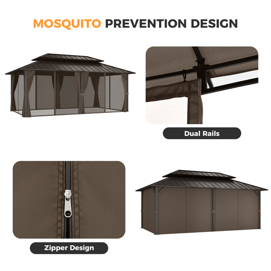 HAPPATIO Outdoor Gazebo with Hardtop Roof, Double Galvanized Steel Roof Canopy with Aluminum Frame, Curtains and Netting for Patio, Backyard, Deck, Lawn, Grey, Easy Assembly