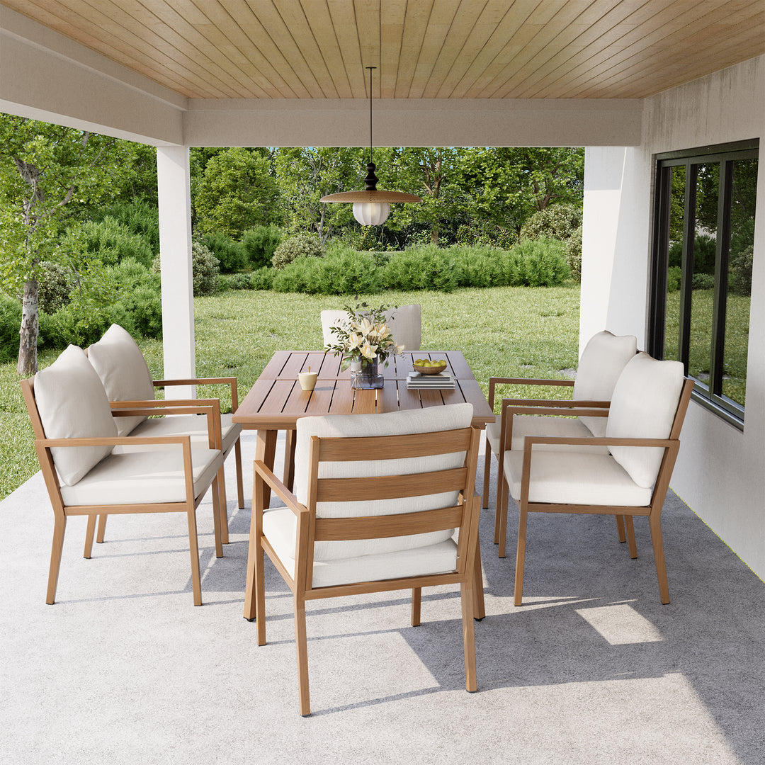 HAPPATIO Outdoor Dining Set,  Aluminum Patio Dining Set with Wood-Like Hand-Painted Finish, Dining Chairs with Waterproof Cushions, Easy Assembly for Backyard, Garden, Porch