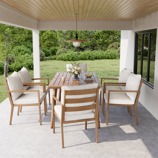 HAPPATIO Outdoor Dining Set,  Aluminum Patio Dining Set with Wood-Like Hand-Painted Finish, Dining Chairs with Waterproof Cushions, Easy Assembly for Backyard, Garden, Porch