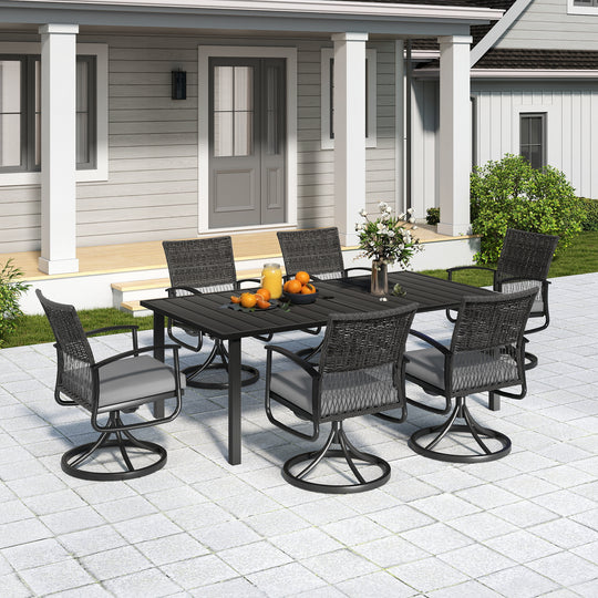 HAPPATIO Rattan Patio Dining Set, Outdoor Dining Set with Wicker Swivel Chairs, Powder-Coated Rectangular Dining Table with Umbrella Hole, Removable Cushions for Outside Lawn, Garden, Yard
