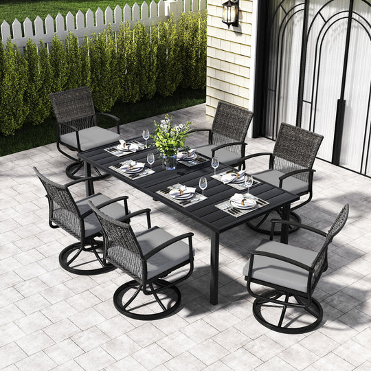 HAPPATIO Rattan Patio Dining Set, Outdoor Dining Set with Wicker Swivel Chairs, Powder-Coated Rectangular Dining Table with Umbrella Hole, Removable Cushions for Outside Lawn, Garden, Yard