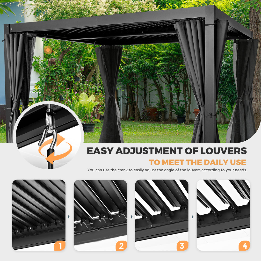 HAPPATIO Outdoor Louvered Pergola, Metal Pergola with Adjustable Rainproof Roof, Patio Pergola with Curtains and Mosquito Nets