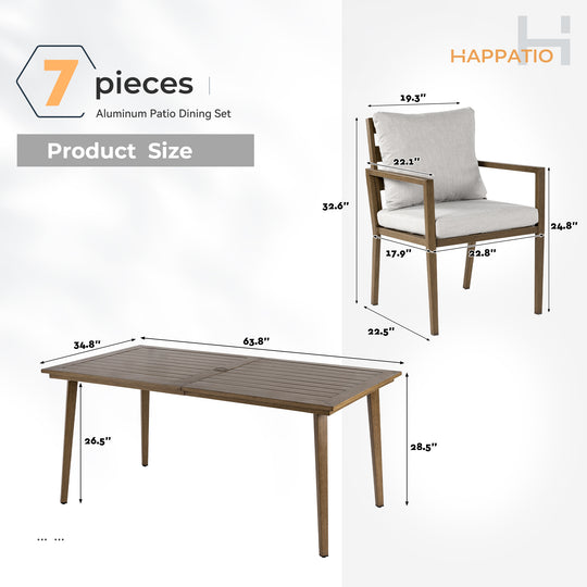 HAPPATIO Outdoor Dining Set,  Aluminum Patio Dining Set with Wood-Like Hand-Painted Finish, Dining Chairs with Waterproof Cushions, Easy Assembly for Backyard, Garden, Porch