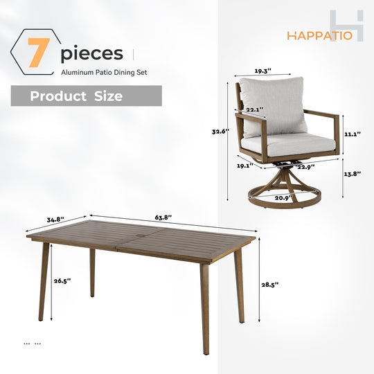 HAPPATIO Outdoor Dining Set,  Aluminum Patio Dining Set with Wood-Like Hand-Painted Finish, Dining Chairs with Waterproof Cushions, Easy Assembly for Backyard, Garden, Porch