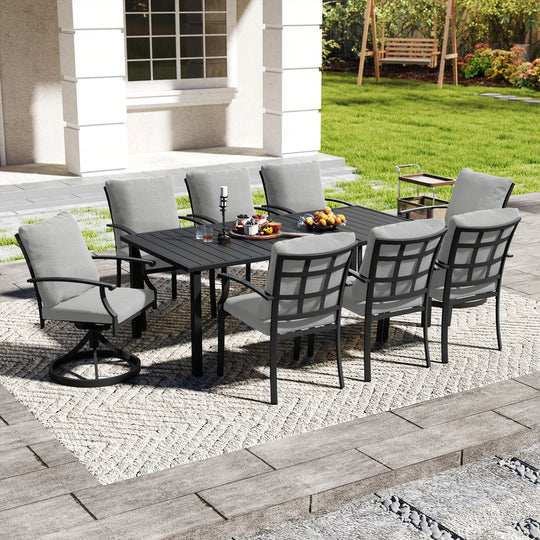 HAPPATIO Patio Dining Set, Outdoor Dining Set with Powder-Coated Metal, Table with Umbrella Hole, Stackable Chairs with Removable Cushions for Porch Poolside Garden