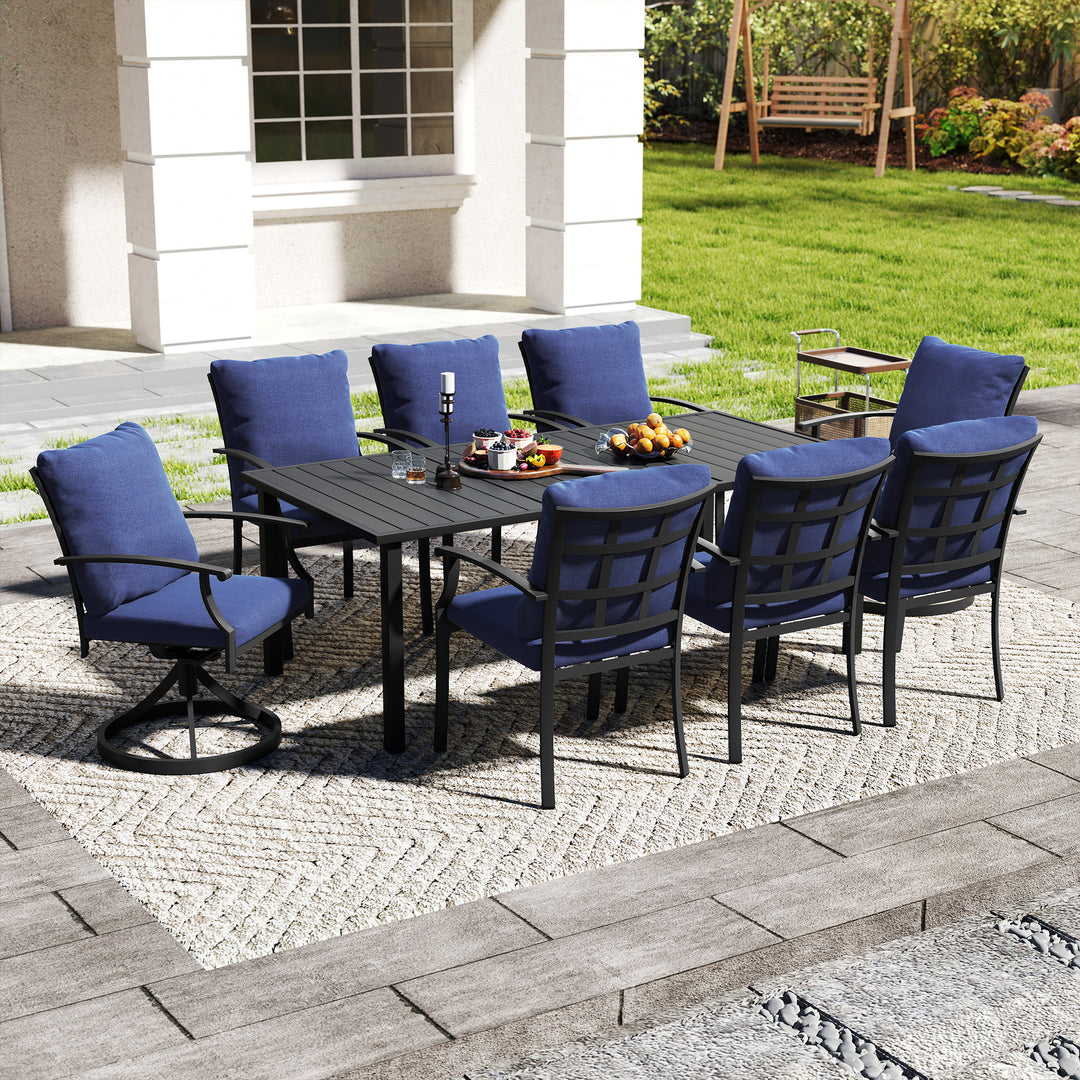 HAPPATIO Patio Dining Set, Outdoor Dining Set with Powder-Coated Metal, Table with Umbrella Hole, Stackable Chairs with Removable Cushions for Porch Poolside Garden