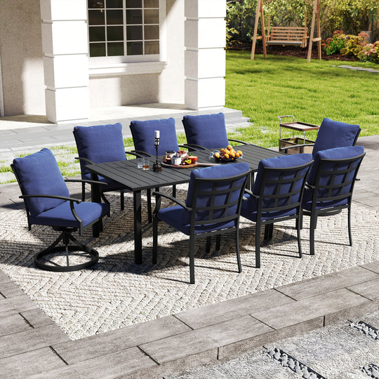 HAPPATIO Patio Dining Set, Outdoor Dining Set with Powder-Coated Metal, Table with Umbrella Hole, Stackable Chairs with Removable Cushions for Porch Poolside Garden