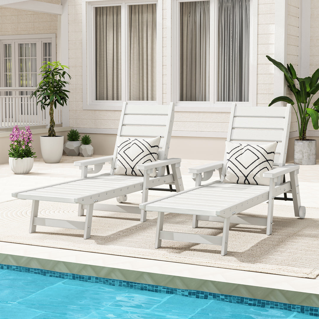 HAPPATIO Outdoor Lounge Chair, HDPE Chaise Lounge 5-Level Adjustable Backrest, Pool Lounge Chair with Wheels and Cup Holder, Waterproof Pool Plastic Recliner Chair for Patio Beach Poolside