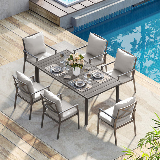 HAPPATIO Patio Dining Set, Metal Outdoor Table and Chairs  Ser, Powder-Coated Metal Chairs with Thickened Cushions, Rectangular Table with Umbrella Hole for Deck Backyard Lawn