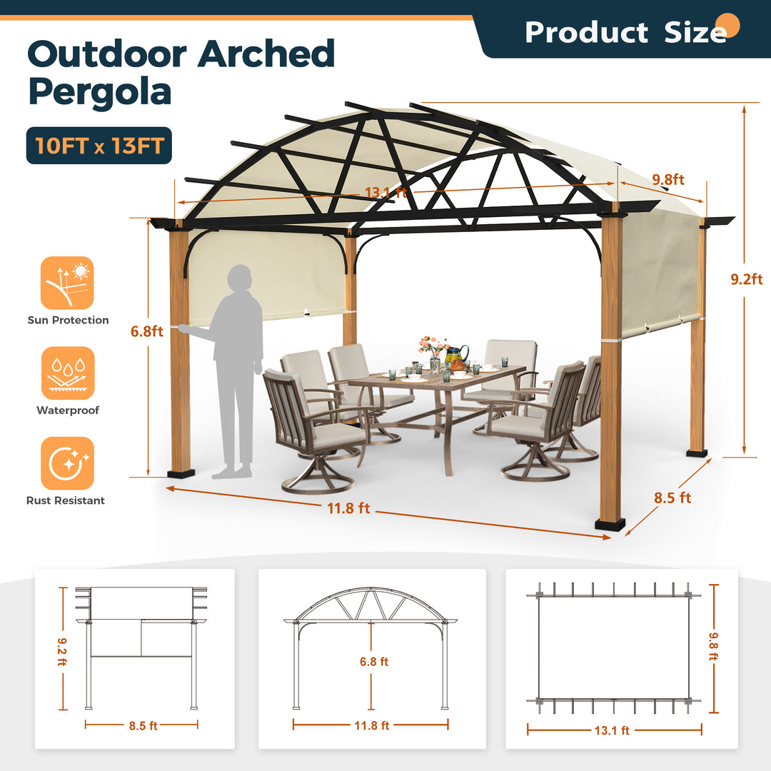 HAPPATIO 10' X 13' Outdoor Pergola with Sling Retractable Canopy and Woodgrain Aluminum Frame, Arched Pergola for Patio, Deck, Backyard, Garden