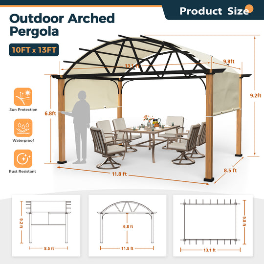 HAPPATIO 10' X 13' Outdoor Pergola with Sling Retractable Canopy and Woodgrain Aluminum Frame, Arched Pergola for Patio, Deck, Backyard, Garden