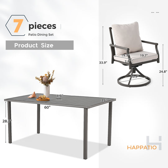 HAPPATIO Patio Dining Set, Metal Outdoor Table and Chairs  Ser, Powder-Coated Metal Chairs with Thickened Cushions, Rectangular Table with Umbrella Hole for Deck Backyard Lawn