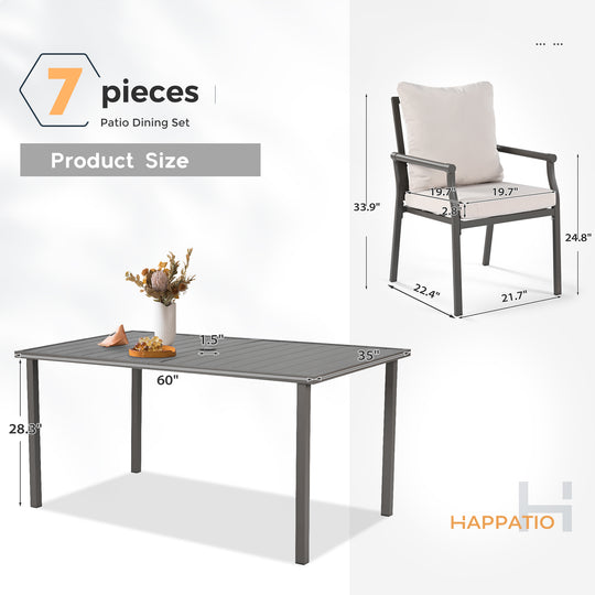 HAPPATIO Patio Dining Set, Metal Outdoor Table and Chairs  Ser, Powder-Coated Metal Chairs with Thickened Cushions, Rectangular Table with Umbrella Hole for Deck Backyard Lawn