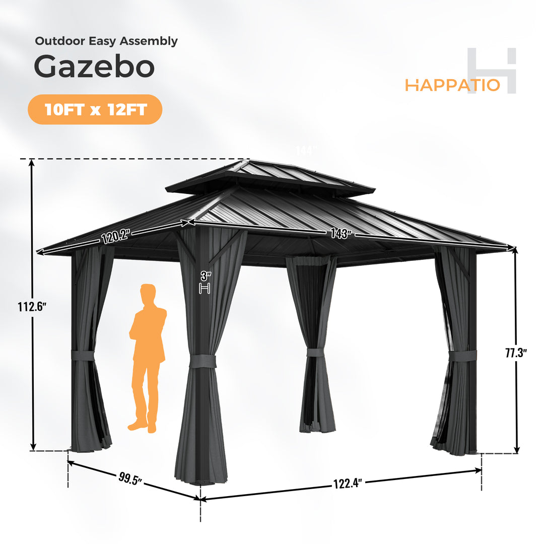HAPPATIO Outdoor Gazebo with Hardtop Roof, Double Galvanized Steel Roof Canopy with Aluminum Frame, Curtains and Netting for Patio, Backyard, Deck, Lawn, Grey, Easy Assembly