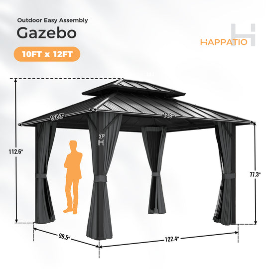 HAPPATIO Outdoor Gazebo with Hardtop Roof, Double Galvanized Steel Roof Canopy with Aluminum Frame, Curtains and Netting for Patio, Backyard, Deck, Lawn, Grey, Easy Assembly
