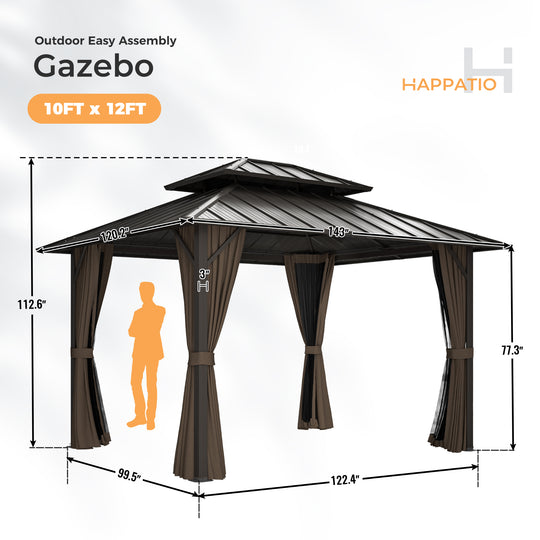 HAPPATIO Outdoor Gazebo with Hardtop Roof, Double Galvanized Steel Roof Canopy with Aluminum Frame, Curtains and Netting for Patio, Backyard, Deck, Lawn, Grey, Easy Assembly