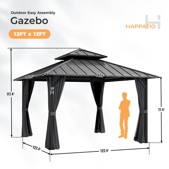 HAPPATIO Outdoor Gazebo with Hardtop Roof, Double Galvanized Steel Roof Canopy with Aluminum Frame, Curtains and Netting for Patio, Backyard, Deck, Lawn, Grey, Easy Assembly