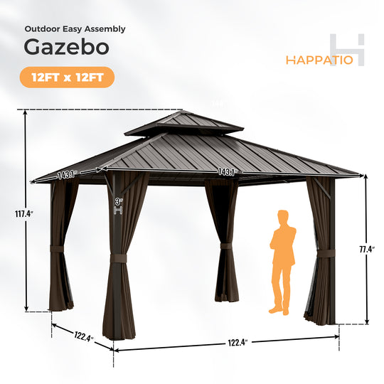HAPPATIO Outdoor Gazebo with Hardtop Roof, Double Galvanized Steel Roof Canopy with Aluminum Frame, Curtains and Netting for Patio, Backyard, Deck, Lawn, Grey, Easy Assembly