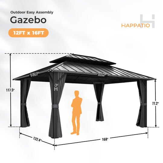 HAPPATIO Outdoor Gazebo with Hardtop Roof, Double Galvanized Steel Roof Canopy with Aluminum Frame, Curtains and Netting for Patio, Backyard, Deck, Lawn, Grey, Easy Assembly