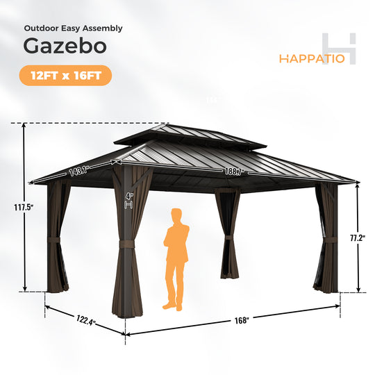 HAPPATIO Outdoor Gazebo with Hardtop Roof, Double Galvanized Steel Roof Canopy with Aluminum Frame, Curtains and Netting for Patio, Backyard, Deck, Lawn, Grey, Easy Assembly
