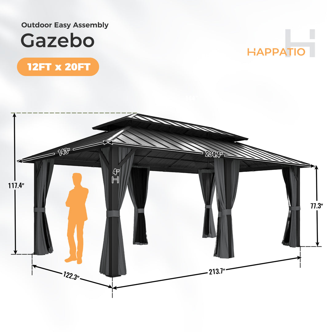 HAPPATIO Outdoor Gazebo with Hardtop Roof, Double Galvanized Steel Roof Canopy with Aluminum Frame, Curtains and Netting for Patio, Backyard, Deck, Lawn, Grey, Easy Assembly