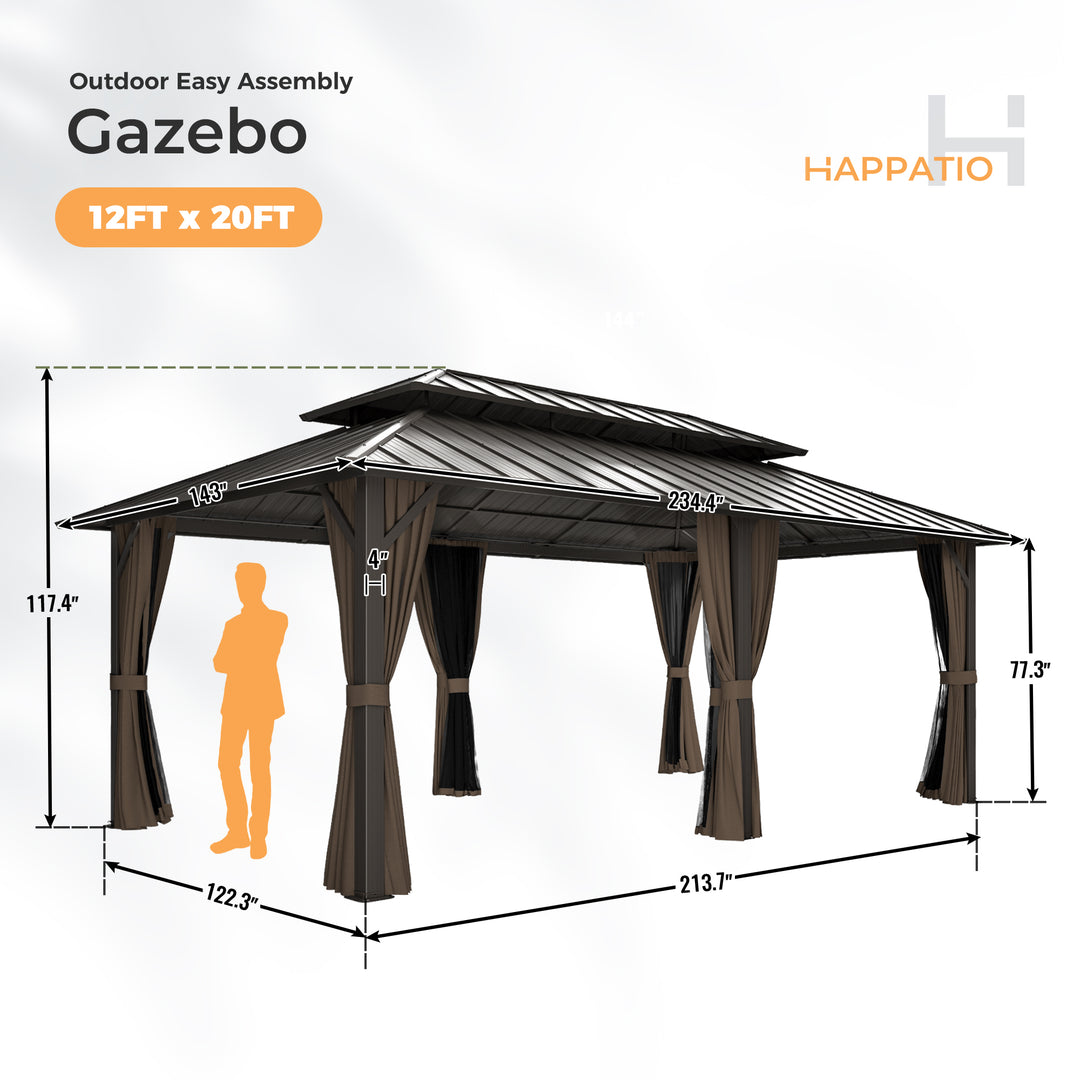 HAPPATIO Outdoor Gazebo with Hardtop Roof, Double Galvanized Steel Roof Canopy with Aluminum Frame, Curtains and Netting for Patio, Backyard, Deck, Lawn, Grey, Easy Assembly