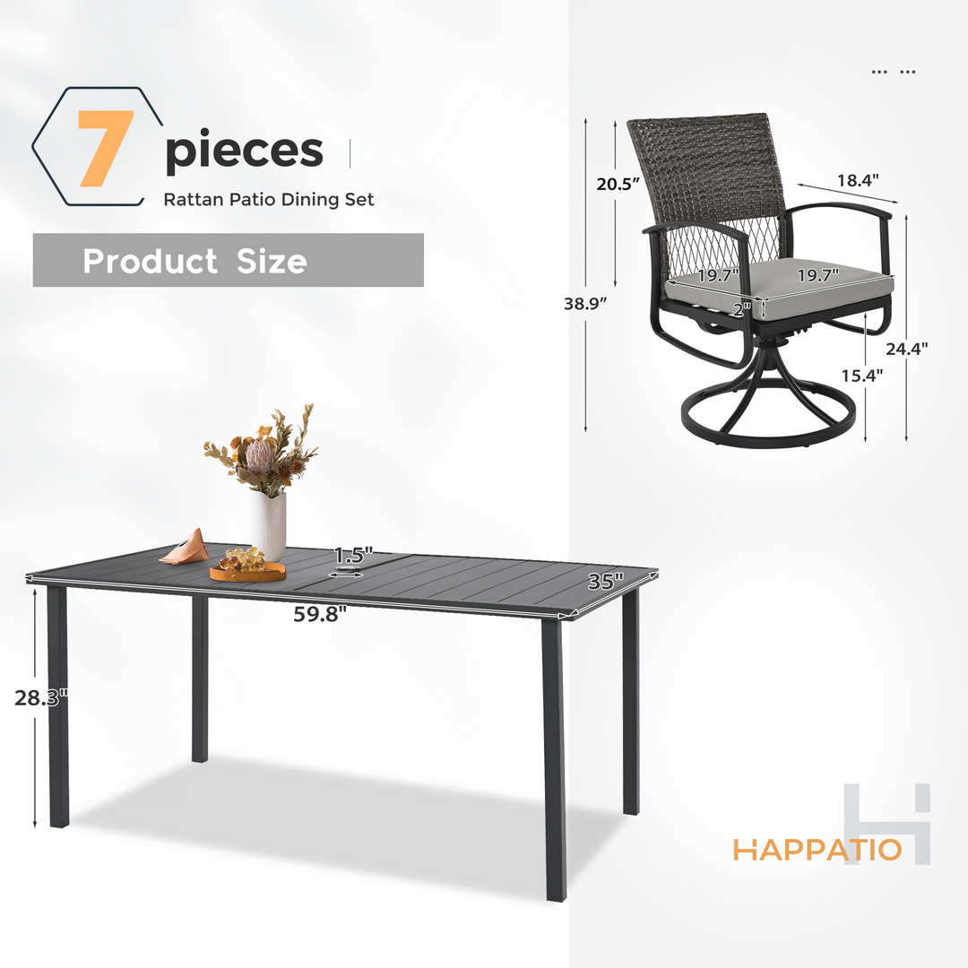 HAPPATIO Rattan Patio Dining Set, Outdoor Dining Set with Wicker Swivel Chairs, Powder-Coated Rectangular Dining Table with Umbrella Hole, Removable Cushions for Outside Lawn, Garden, Yard
