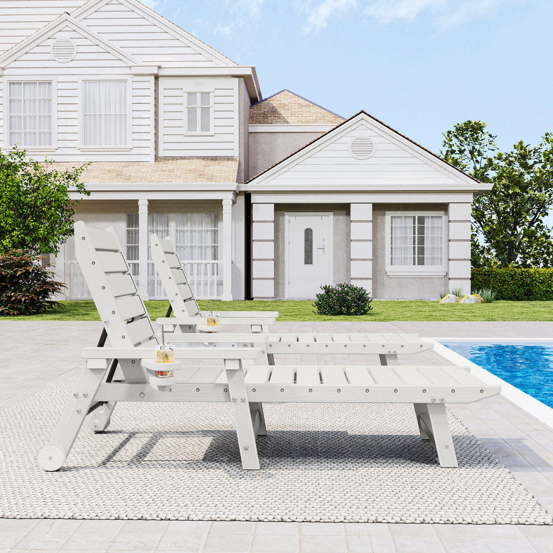 HAPPATIO Outdoor Lounge Chair, HDPE Chaise Lounge 5-Level Adjustable Backrest, Pool Lounge Chair with Wheels and Cup Holder, Waterproof Pool Plastic Recliner Chair for Patio Beach Poolside