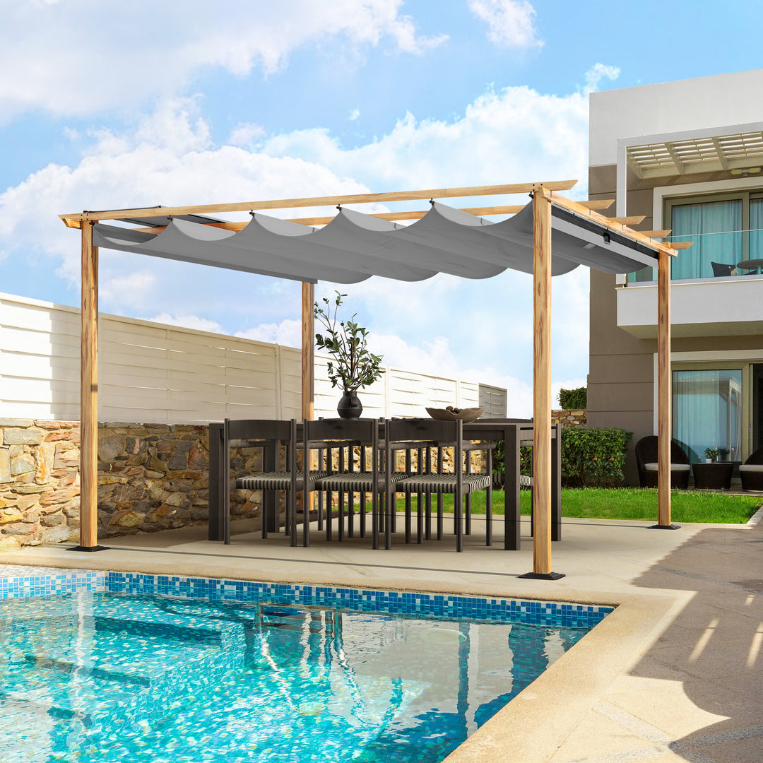 HAPPATIO Retractable Pergola Canopy for Backyard, Garden, Patio; Woodgrain-Look Aluminum Frame with Retractable Pergola Canopy, Includes Anchors and Expansion Screws