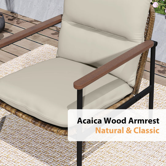 HAPPATIO Outdoor Furniture Set, Patio Aluminum Conversation Set with Wicker Seat and Acacia Wood Armrest, Removable Thick Olefin Cushion for Garden Lawn Backyard