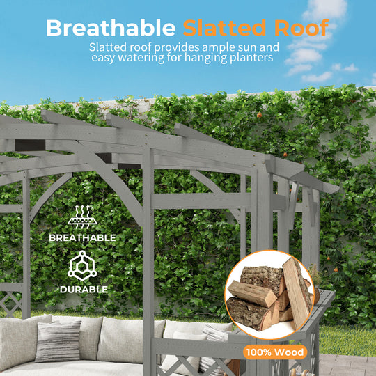 HAPPATIO 10' x 14' Pergola Outdoor, Wooden Pergola Grape Trellis with Bar Counter, Solid Wood Stable Structure with Arched Top Gazebo for Climbing Plant Support, Garden, Patio, Backyard