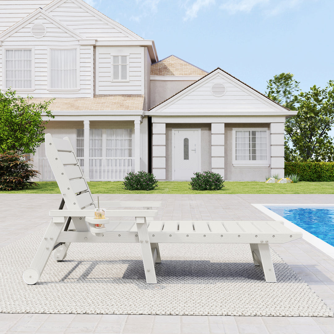 HAPPATIO Outdoor Lounge Chair, HDPE Chaise Lounge 5-Level Adjustable Backrest, Pool Lounge Chair with Wheels and Cup Holder, Waterproof Pool Plastic Recliner Chair for Patio Beach Poolside