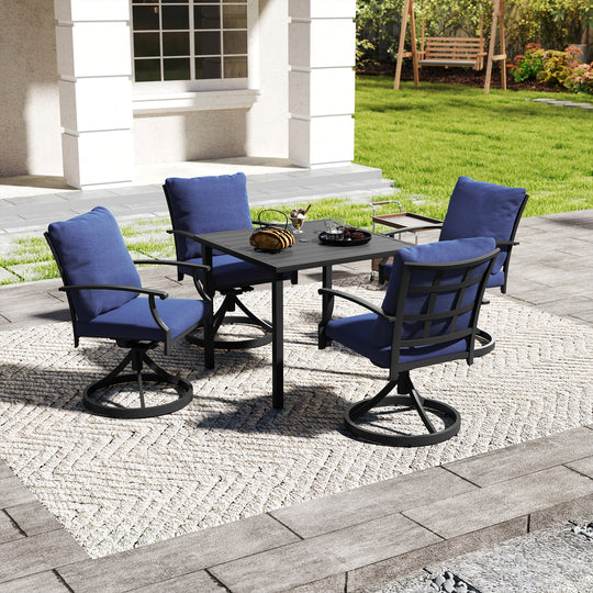 HAPPATIO Patio Dining Set, Outdoor Dining Set with Powder-Coated Metal, Table with Umbrella Hole, Stackable Chairs with Removable Cushions for Porch Poolside Garden