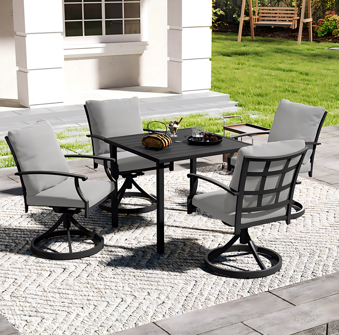 HAPPATIO Patio Dining Set, Outdoor Dining Set with Powder-Coated Metal, Table with Umbrella Hole, Stackable Chairs with Removable Cushions for Porch Poolside Garden