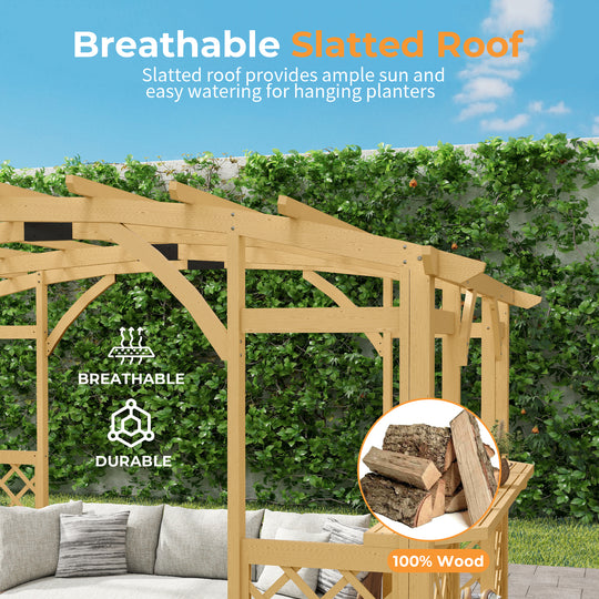 HAPPATIO 10' x 14' Pergola Outdoor, Wooden Pergola Grape Trellis with Bar Counter, Solid Wood Stable Structure with Arched Top Gazebo for Climbing Plant Support, Garden, Patio, Backyard