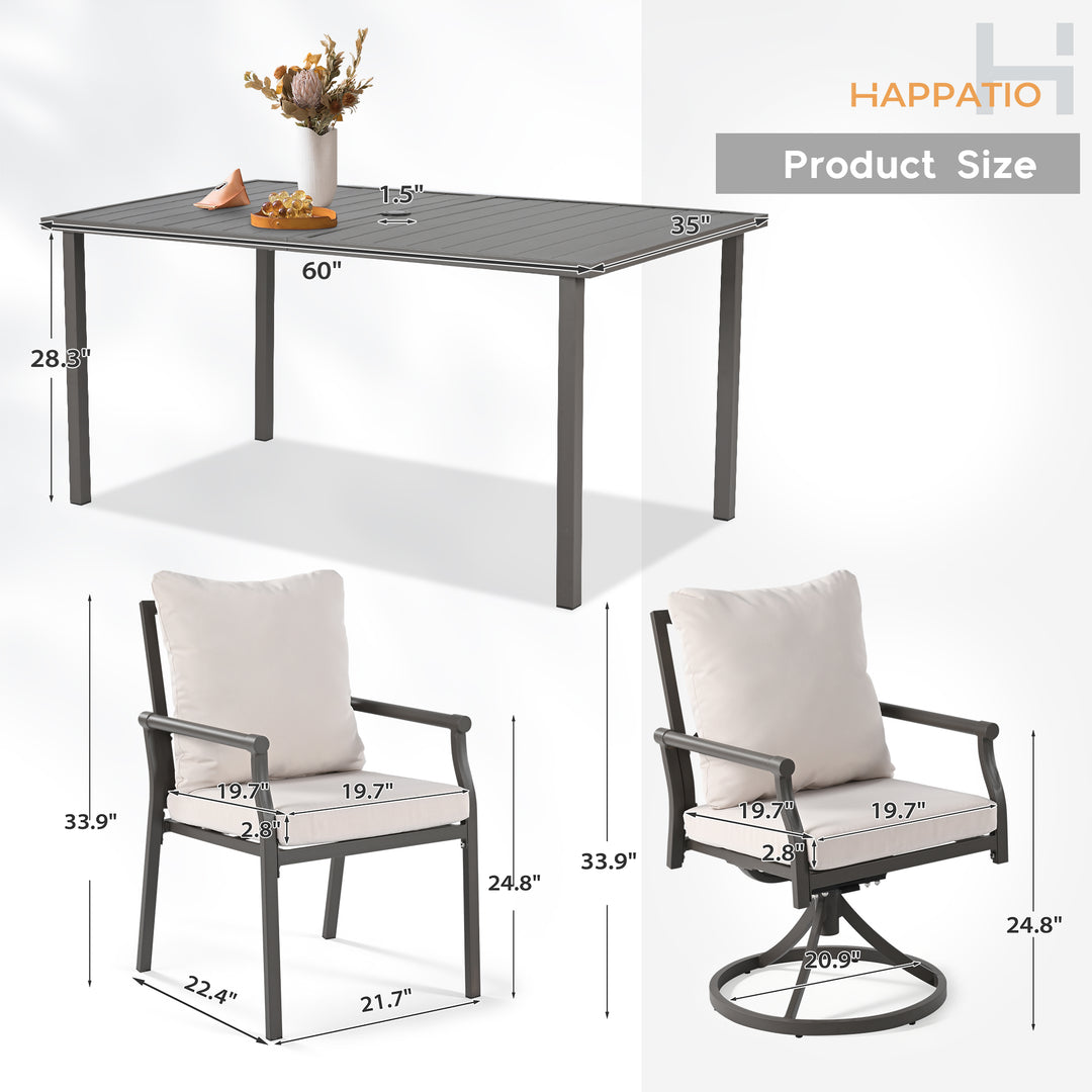 HAPPATIO Patio Dining Set, Metal Outdoor Table and Chairs  Ser, Powder-Coated Metal Chairs with Thickened Cushions, Rectangular Table with Umbrella Hole for Deck Backyard Lawn