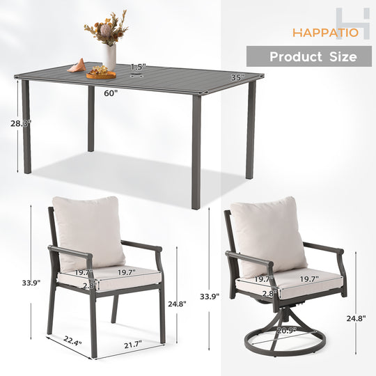 HAPPATIO Patio Dining Set, Metal Outdoor Table and Chairs  Ser, Powder-Coated Metal Chairs with Thickened Cushions, Rectangular Table with Umbrella Hole for Deck Backyard Lawn
