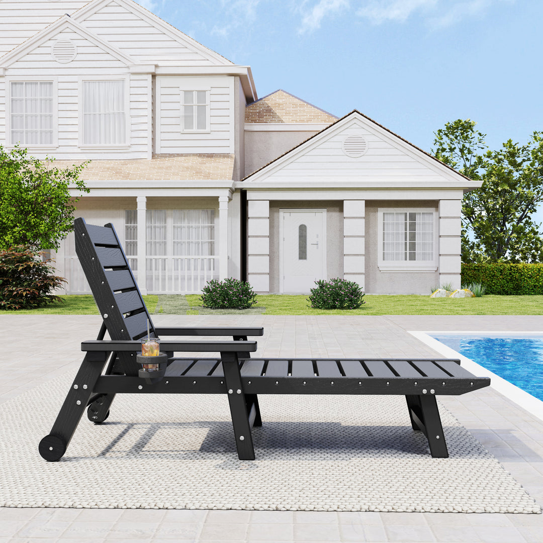 HAPPATIO Outdoor Lounge Chair, HDPE Chaise Lounge 5-Level Adjustable Backrest, Pool Lounge Chair with Wheels and Cup Holder, Waterproof Pool Plastic Recliner Chair for Patio Beach Poolside
