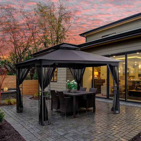 HAPPATIO 10' X 12' Patio Gazebo with Ventilation Double Roof，Outdoor Soft Top Gazebo with Mosquito Netting for Lawn, Garden