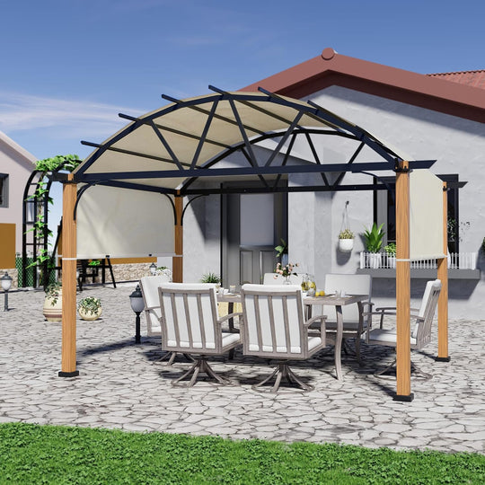 HAPPATIO 10' X 13' Outdoor Pergola with Sling Retractable Canopy and Woodgrain Aluminum Frame, Arched Pergola for Patio, Deck, Backyard, Garden