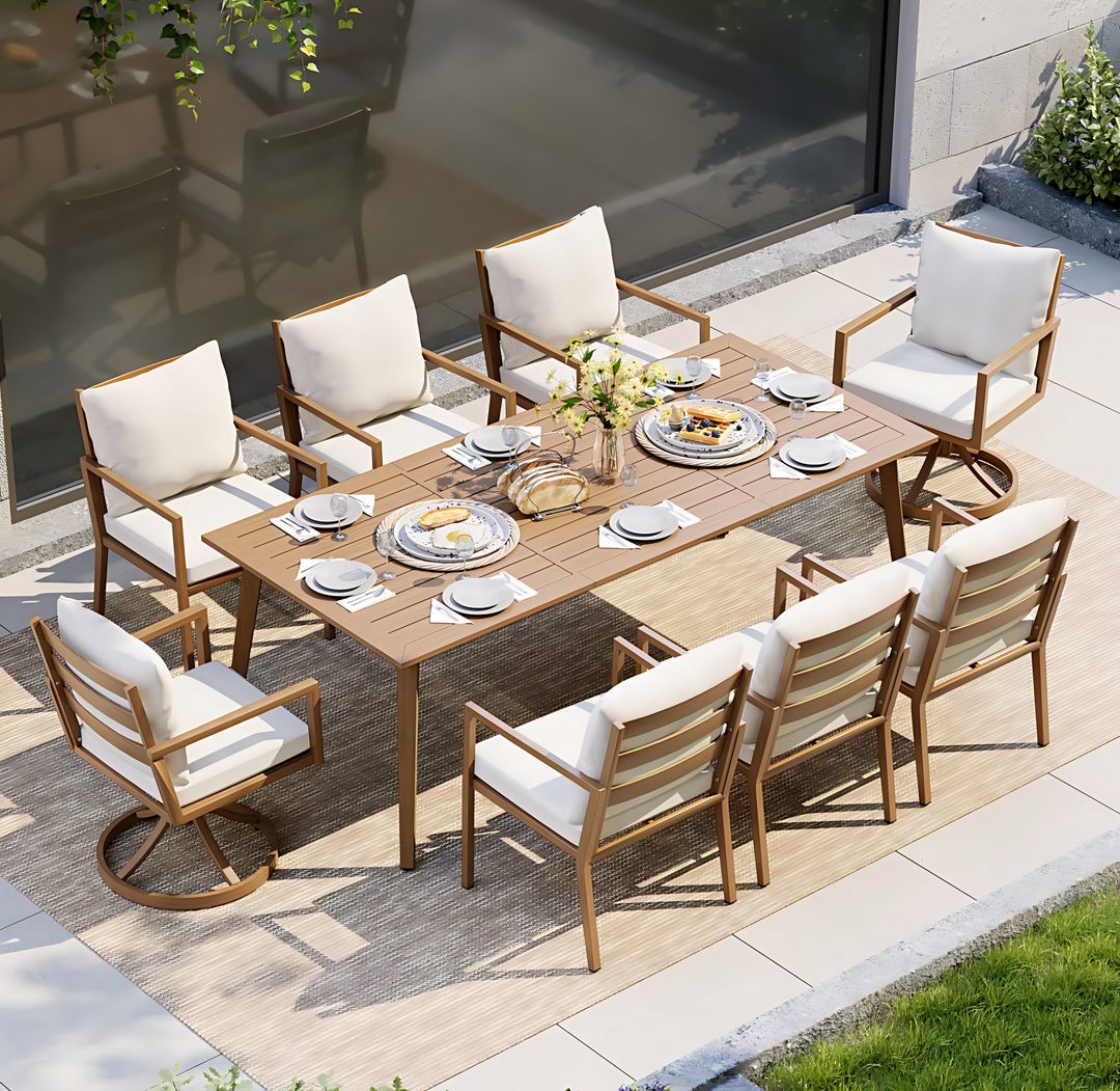 HAPPATIO Outdoor Dining Set,  Aluminum Patio Dining Set with Wood-Like Hand-Painted Finish, Dining Chairs with Waterproof Cushions, Easy Assembly for Backyard, Garden, Porch