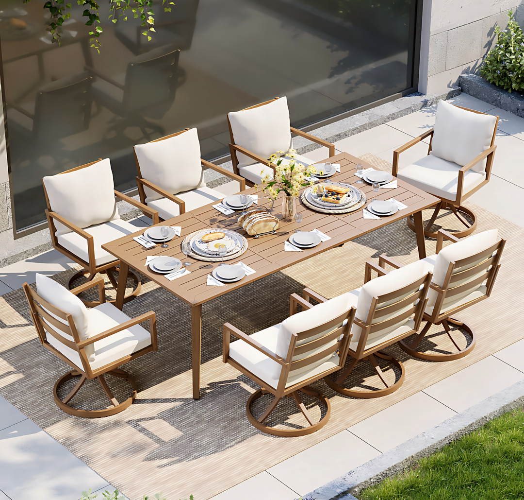 HAPPATIO Outdoor Dining Set,  Aluminum Patio Dining Set with Wood-Like Hand-Painted Finish, Dining Chairs with Waterproof Cushions, Easy Assembly for Backyard, Garden, Porch