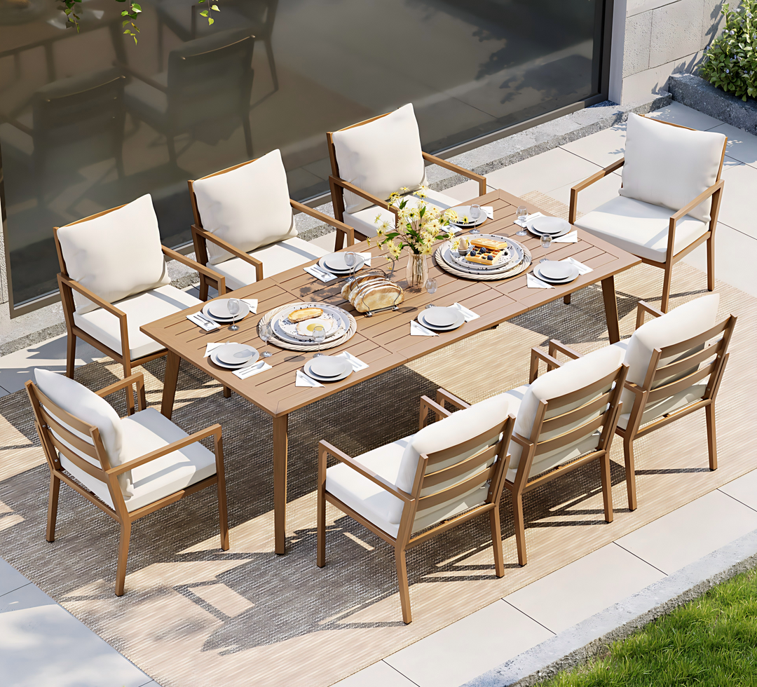 HAPPATIO Outdoor Dining Set,  Aluminum Patio Dining Set with Wood-Like Hand-Painted Finish, Dining Chairs with Waterproof Cushions, Easy Assembly for Backyard, Garden, Porch