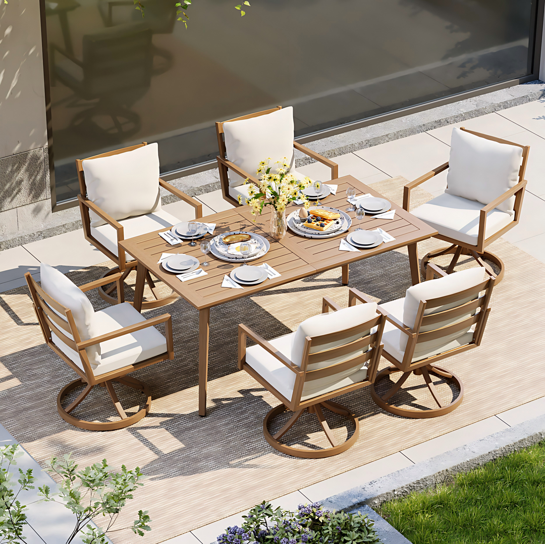 HAPPATIO Outdoor Dining Set,  Aluminum Patio Dining Set with Wood-Like Hand-Painted Finish, Dining Chairs with Waterproof Cushions, Easy Assembly for Backyard, Garden, Porch