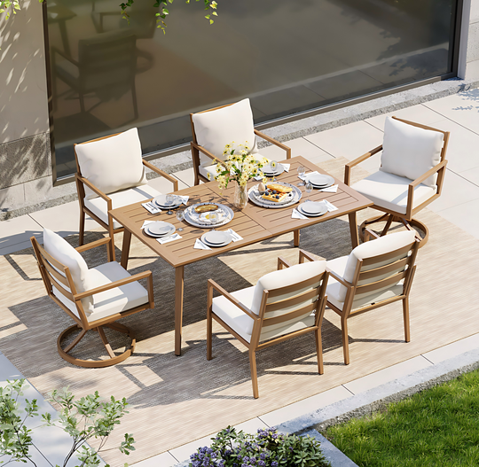HAPPATIO Outdoor Dining Set,  Aluminum Patio Dining Set with Wood-Like Hand-Painted Finish, Dining Chairs with Waterproof Cushions, Easy Assembly for Backyard, Garden, Porch