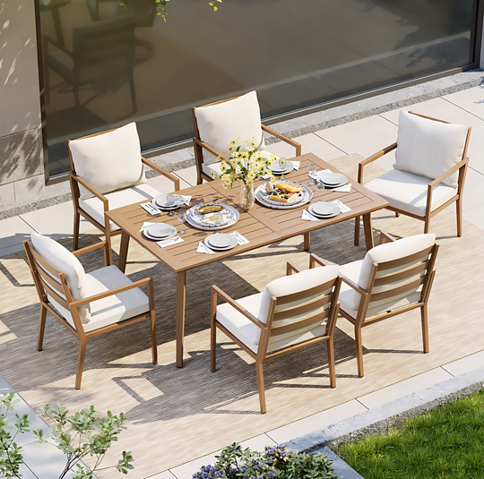 HAPPATIO Outdoor Dining Set,  Aluminum Patio Dining Set with Wood-Like Hand-Painted Finish, Dining Chairs with Waterproof Cushions, Easy Assembly for Backyard, Garden, Porch