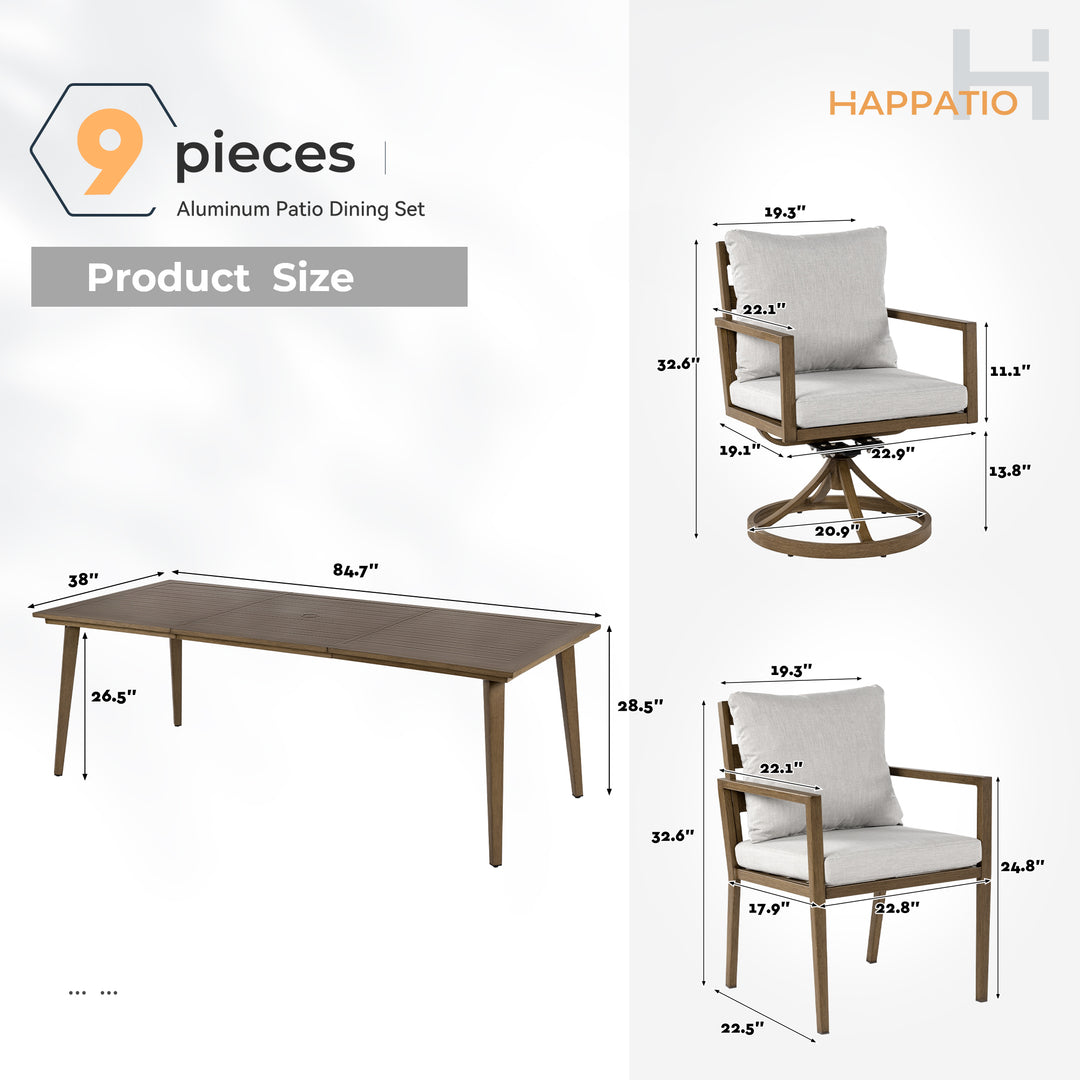 HAPPATIO Outdoor Dining Set,  Aluminum Patio Dining Set with Wood-Like Hand-Painted Finish, Dining Chairs with Waterproof Cushions, Easy Assembly for Backyard, Garden, Porch
