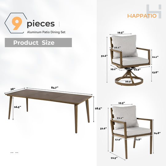 HAPPATIO Outdoor Dining Set,  Aluminum Patio Dining Set with Wood-Like Hand-Painted Finish, Dining Chairs with Waterproof Cushions, Easy Assembly for Backyard, Garden, Porch