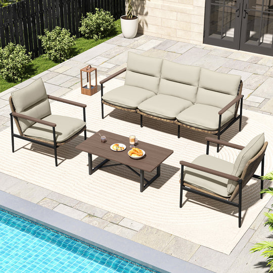 HAPPATIO Outdoor Furniture Set, Patio Aluminum Conversation Set with Wicker Seat and Acacia Wood Armrest, Removable Thick Olefin Cushion for Garden Lawn Backyard