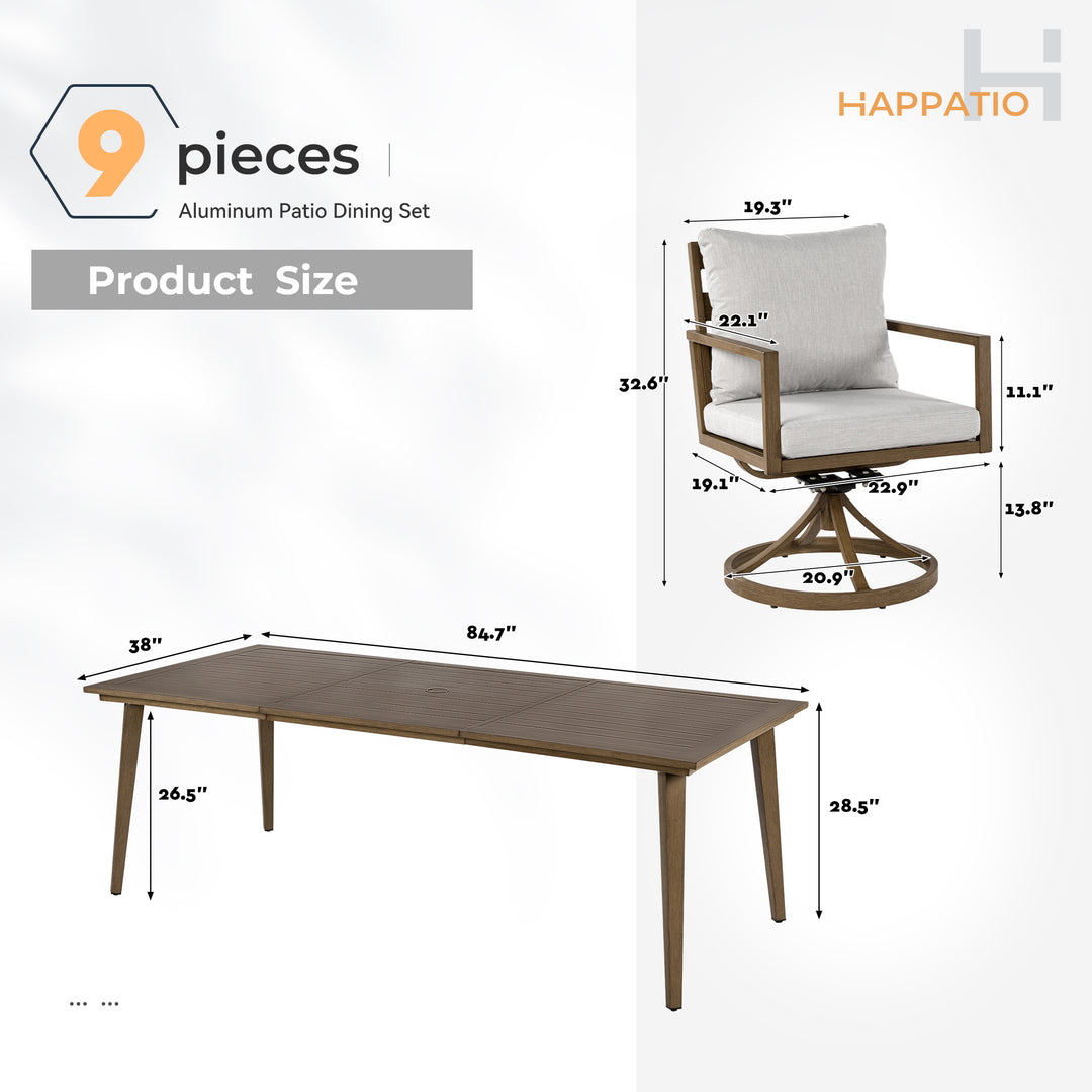 HAPPATIO Outdoor Dining Set,  Aluminum Patio Dining Set with Wood-Like Hand-Painted Finish, Dining Chairs with Waterproof Cushions, Easy Assembly for Backyard, Garden, Porch